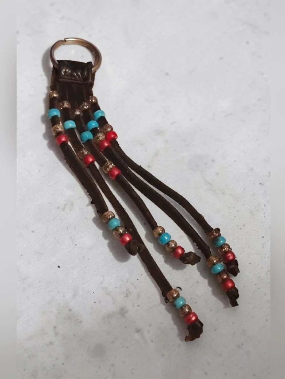 Vintage Boho Beaded Leather Fringe Keychain / Bag Charm (EUC)